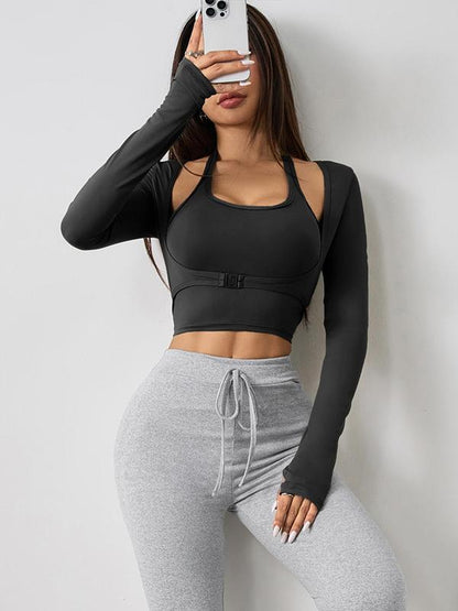 Halter Crop Sports Tank & Thumb-Hole Workout Tee Set