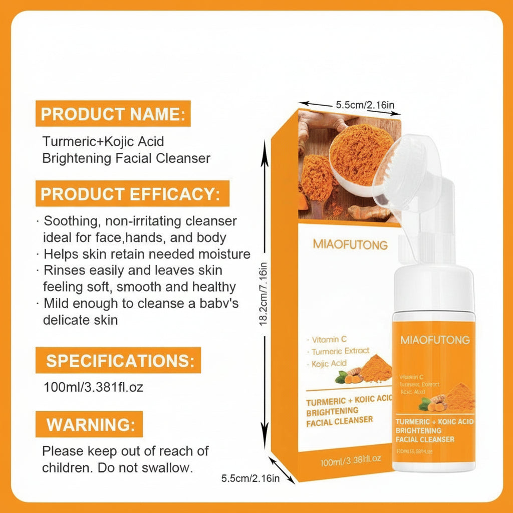 Turmeric+Kojic Acid Brightening Facial Cleanser with product information on an orange background